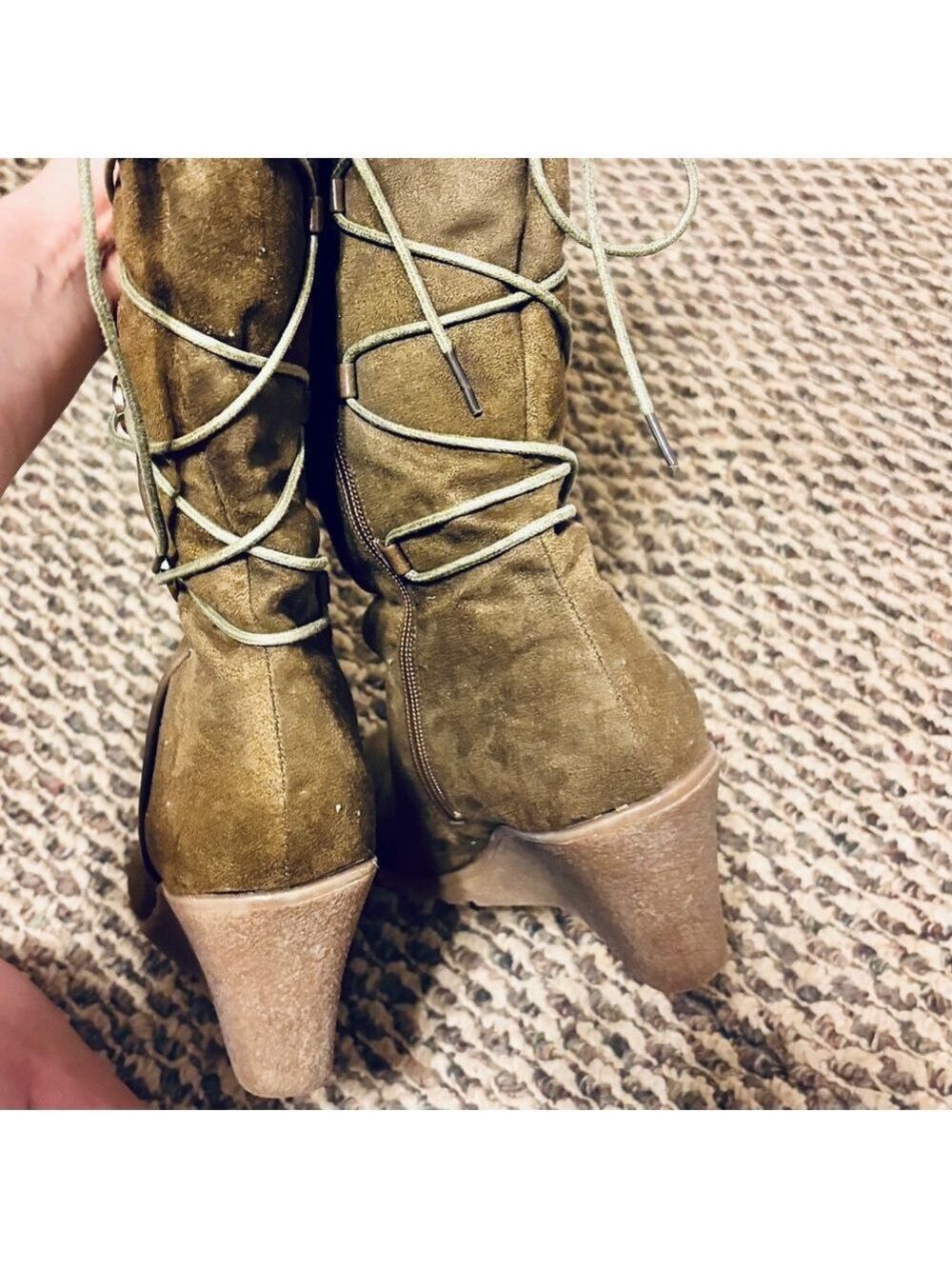 Light Brown Lace Up Zipper Wedge Boots - Picture 12 of 15